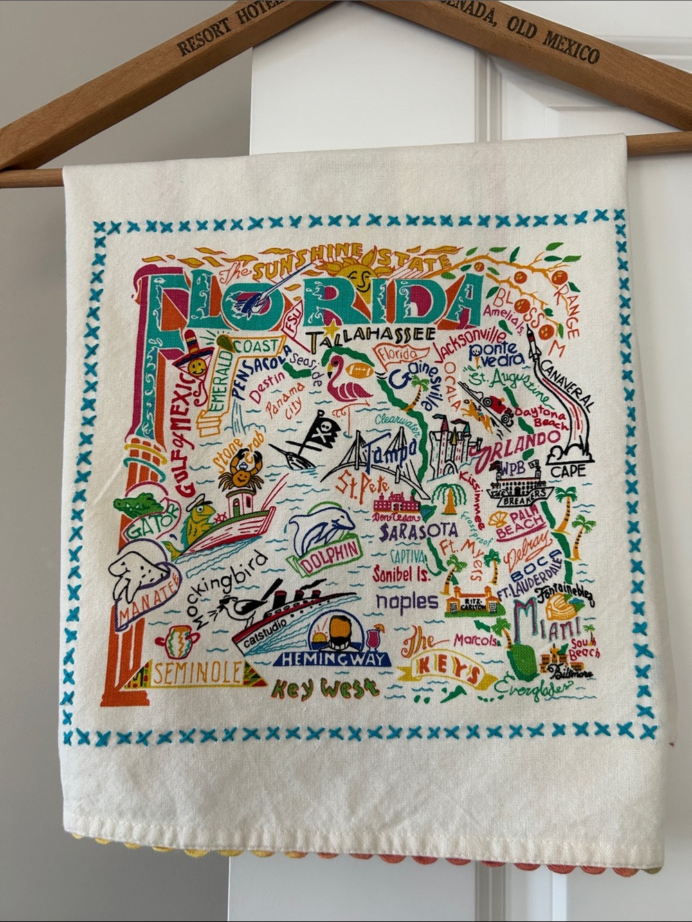 Florida Attractions Tea Towel by Catstudio w Rainbow Rickrack Trim Cotton